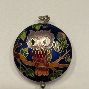 Owl on branch cloisonné pendant